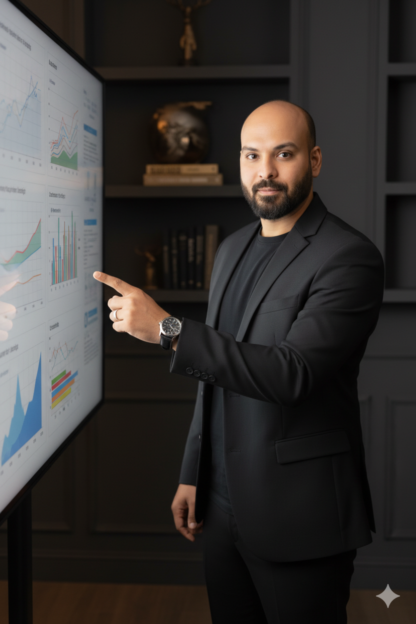 Ayman pointing at business dashboard